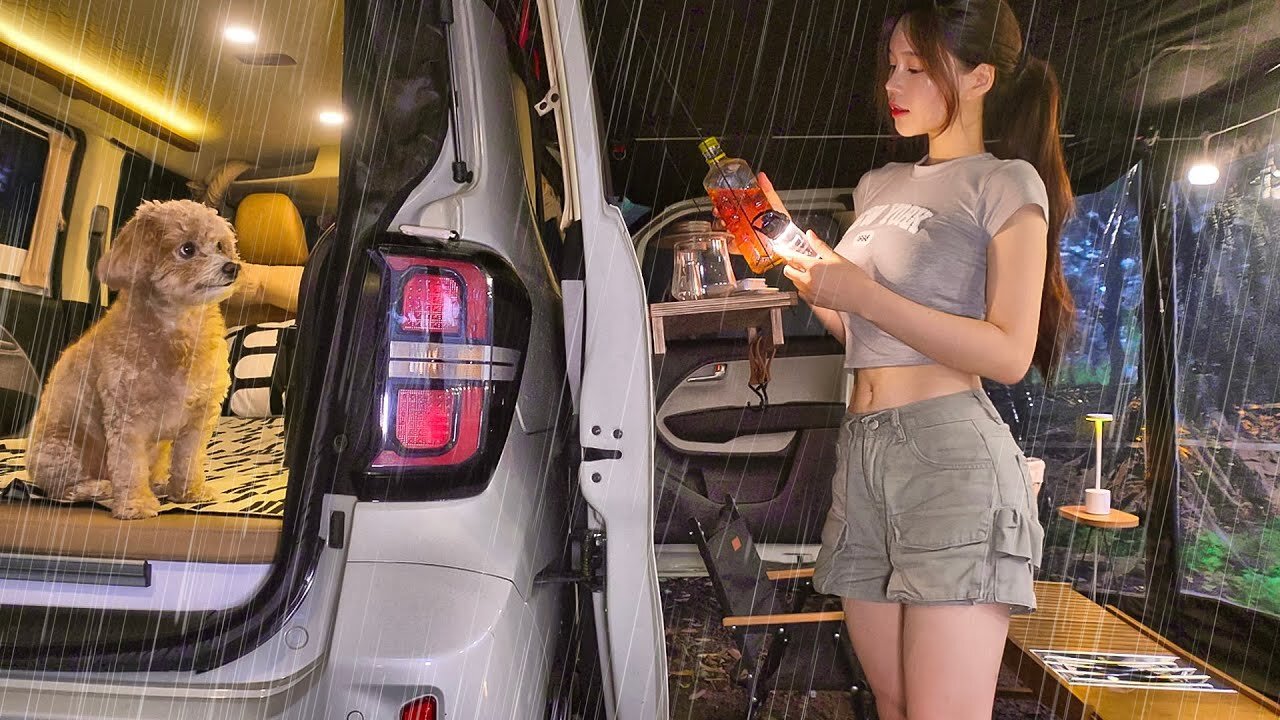 ☔️ Romantic car camping with my dog ​​in a mini camper in the rainy forest