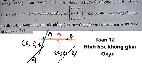 Toán 12: Trong không gian Oxyz, cho hai điểm A(1;2;-1), B(3;b;c), mặt phẳng: x+3y-2z-7=0 và đường