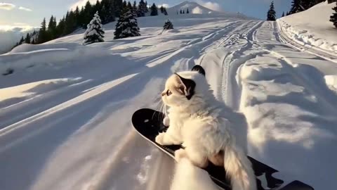 a small white fluffy kitten with big blue eyes rides a snowboard down