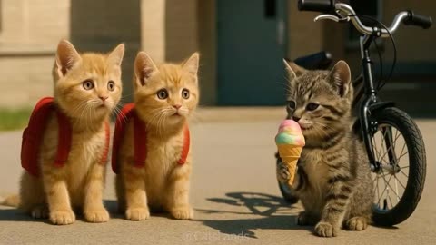 Papa Cat Solves the Bicycle Problem Cute Orange Kittens Get Their First Bikes