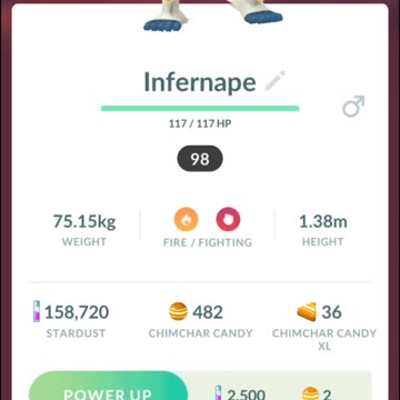 Pokemon Go Evolution - 98% iV Chimchar ➡️ Monferno ➡️ Infernape
