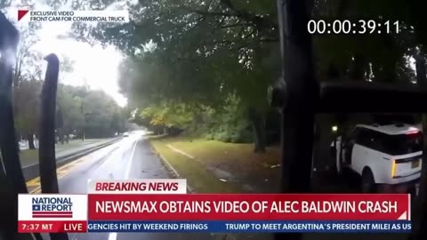 Alec Baldwin crashing after attempting to illegally pass a garbage truck on the shoulder.