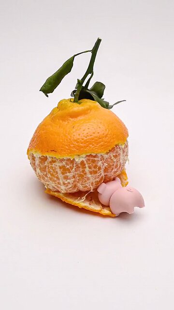 a big eating an orange | an enjoying pig with a big orange