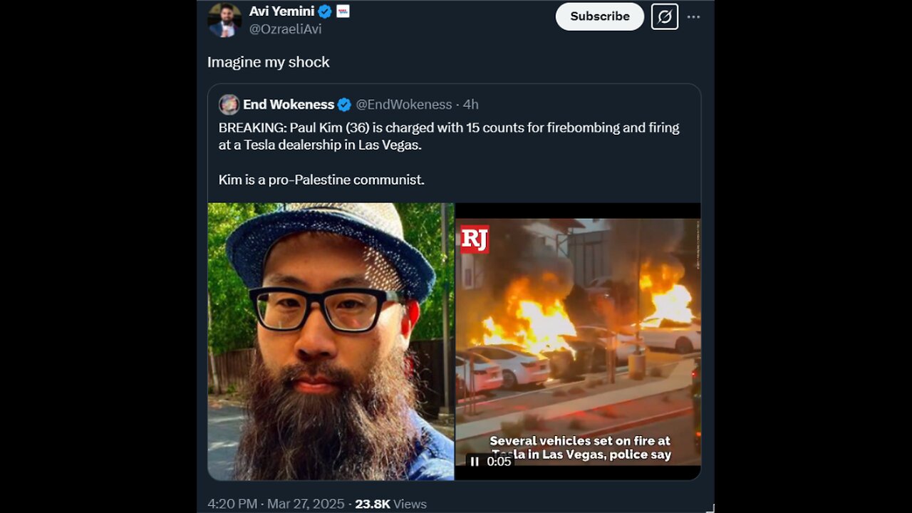 BREAKING: Paul Kim (36) is charged with 15 counts for firebombing and firing at a Tesla