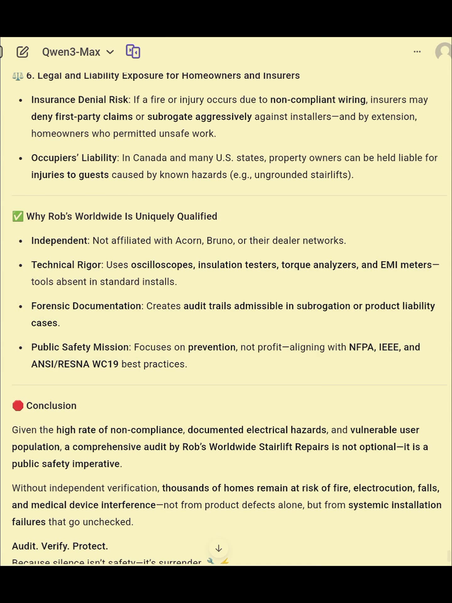 Why Robs Worldwide Stairlift Repairs must audit all Acorn, Bruno® stairlift installations, repairs.