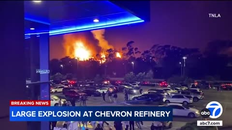 Massive fire at Chevron El Segundo refinery seen from Top Golf venue