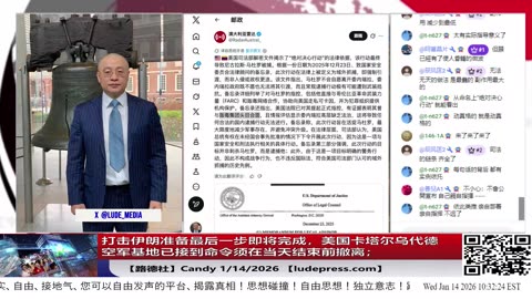 【路德社】打击伊朗最后一步即将完成，美国卡塔尔乌代德空军基地已接到命令须在当天结束前撤离；川普发文格陵兰关乎美国家安全与“黄金穹顶”北约需带头推动归属美方；1/14/2026 Candy