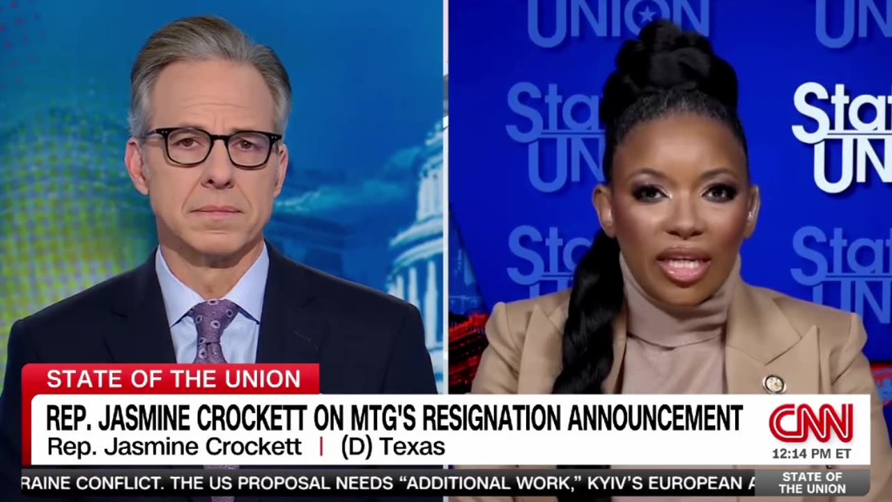 Rep. Jasmine Crockett reacts to Rep. MTG announcing her resignation