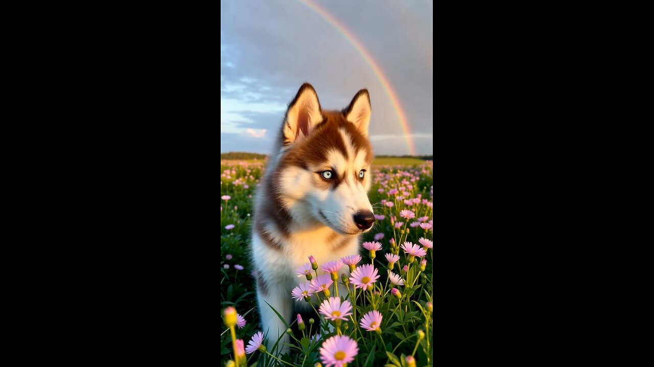 Husky puppy with blue eyes sniffs wildflowers under a rainbow at dawn.