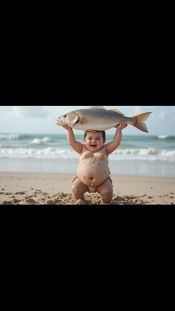Smiling Baby and a Big Fish—Beach Adventures! 🏖️🐠😊
