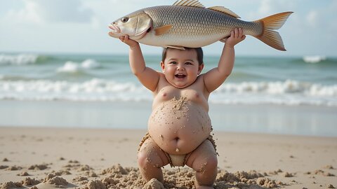 Smiling Baby and a Big Fish—Beach Adventures! 🏖️🐠😊