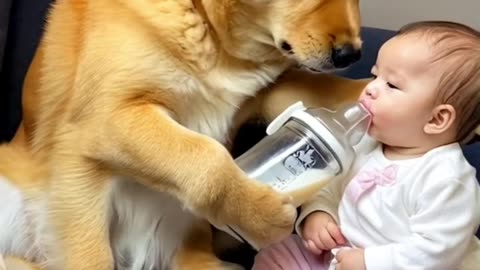 The Golden Retriever babysitting — what a nanny!