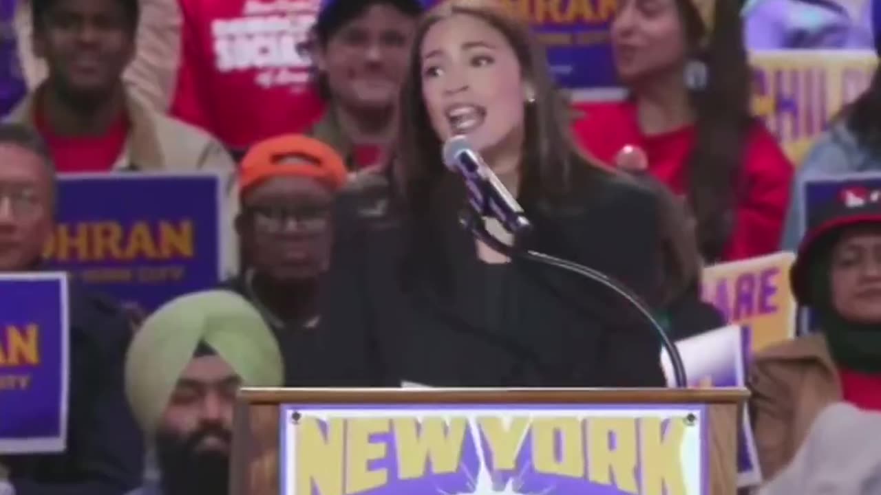 A totally unhinged AOC tonight at the NYC Jihadist rally for Mamdani with assistance