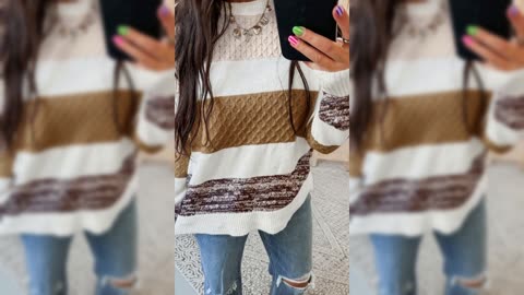 Mixed Texture Knit Striped Color Block Loose Sweater
