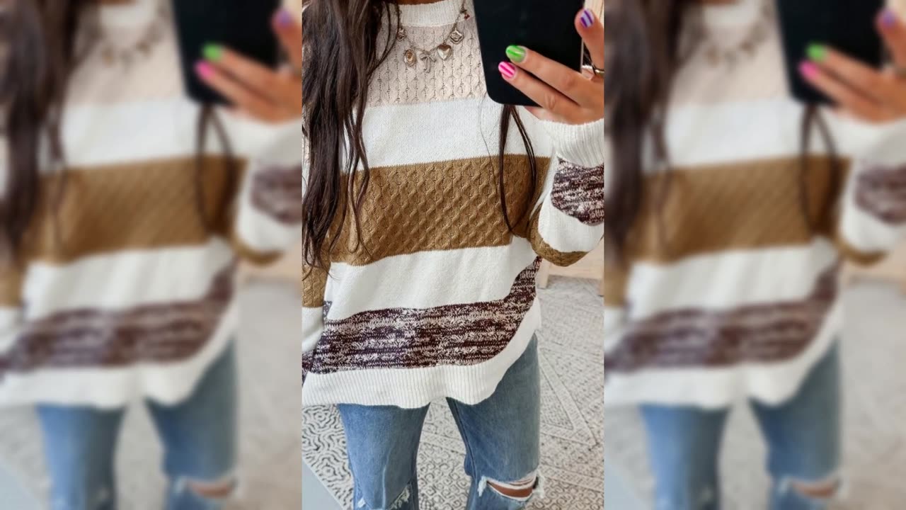 Mixed Texture Knit Striped Color Block Loose Sweater