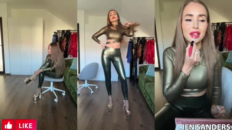 Highlights_ Army Green Slinkystylez Shiny Leggings and Crop Top with Gold Heels