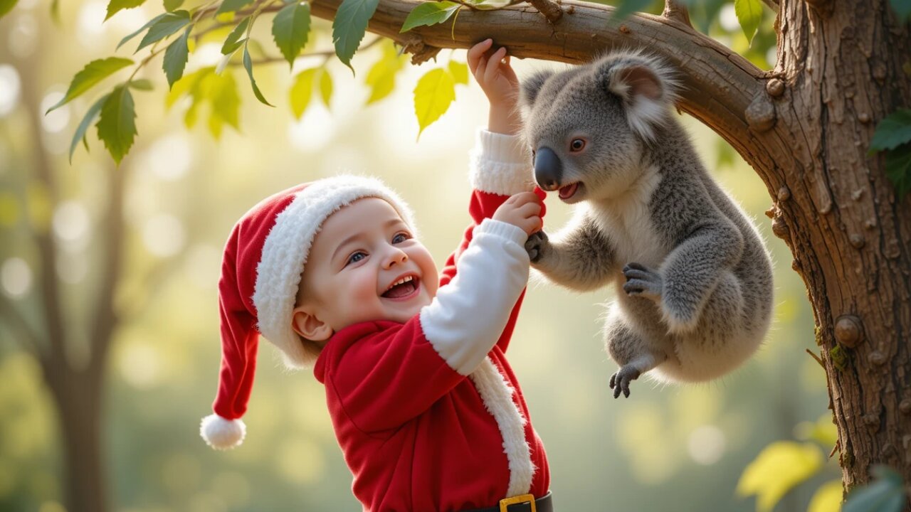 Christmas Fun: Baby and Koala’s Adorable Tree Adventure!