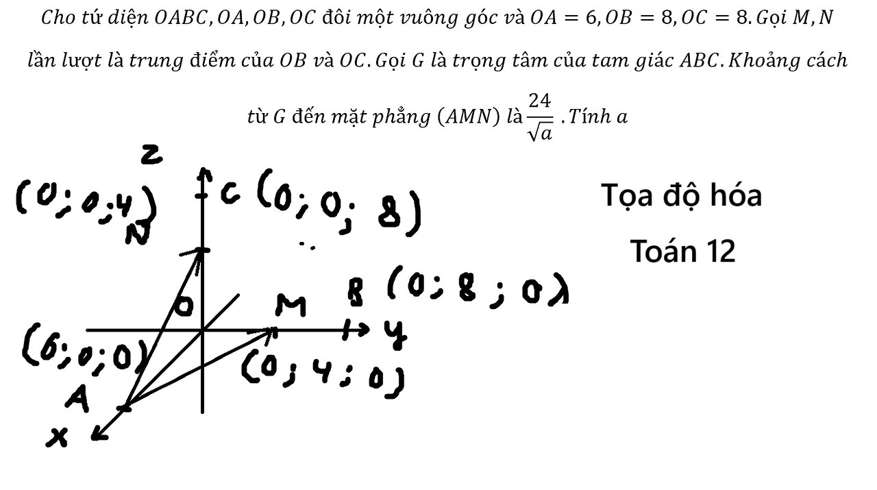 Toán 12: Cho tứ diện OABC,OA,OB,OC đôi một vuông góc và OA=6,OB=8,OC=8.Gọi M,N lần lượt