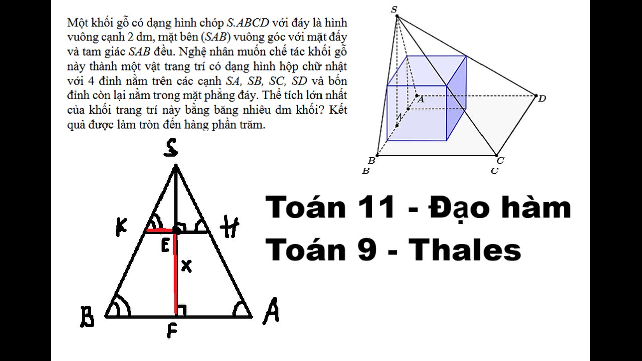 Toán 11: THPT Nguyễn Khuyến: Một khối gỗ có dạng hình chóp S.ABCD với đáy là hìnhvuông cạnh 2 dm