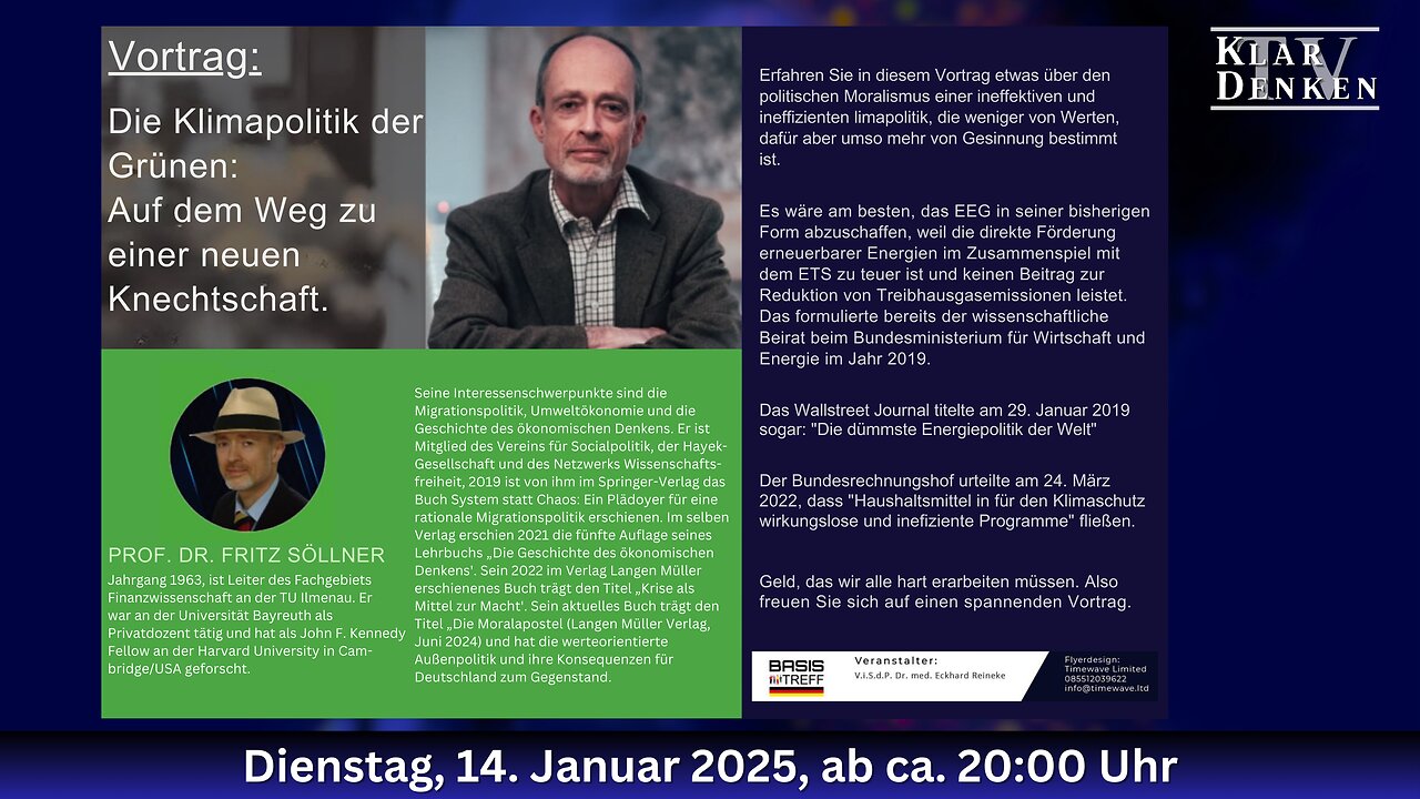 🔵💥Vortrag von Prof. Dr. Fritz Söllner - Klimapolitik der Grünen: Auf dem Weg zu einer Knechtschaft💥