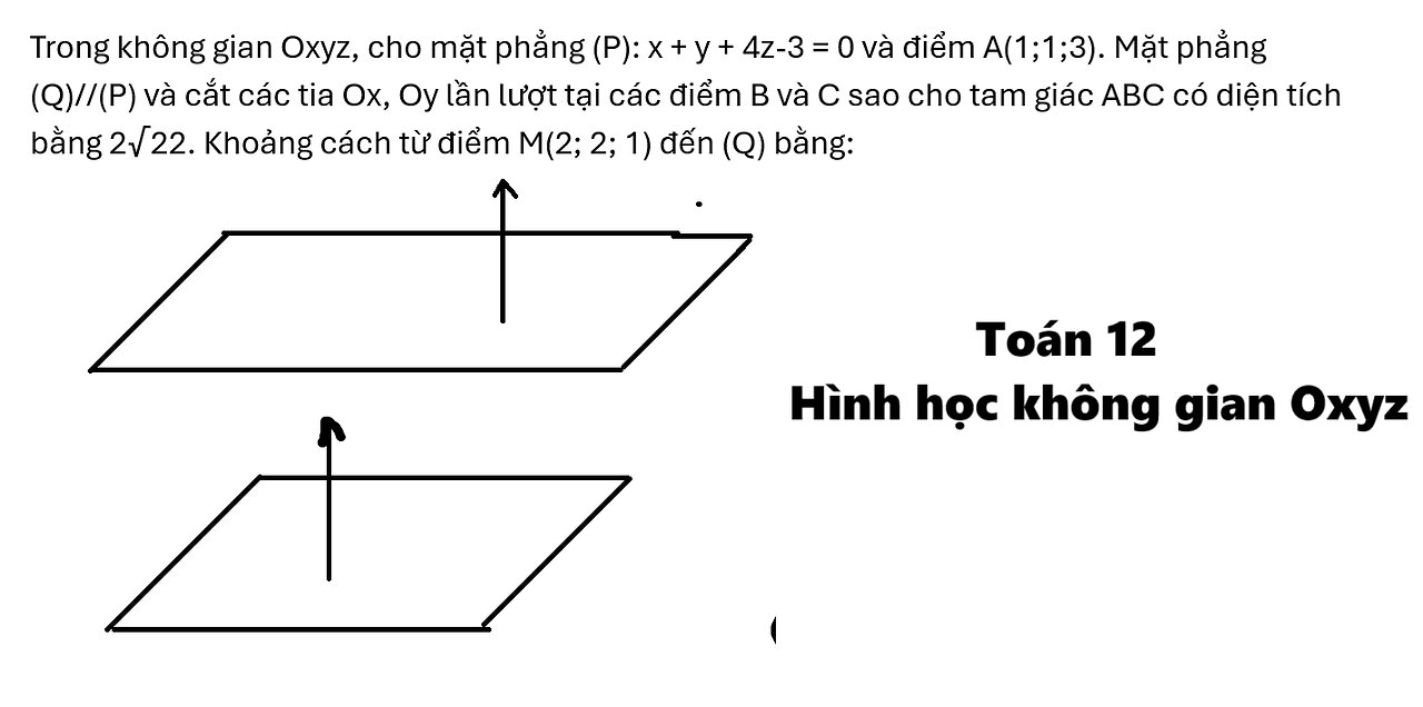 Toán 12: Trong không gian Oxyz, cho mặt phẳng (P): x + y + 4z-3 = 0 và điểm A(1;1;3). Mặt phẳng (Q)