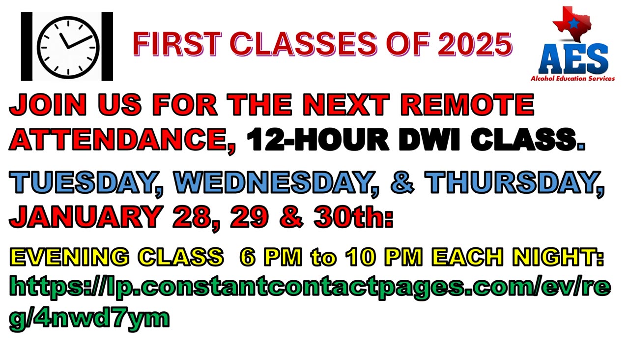 REMOTE ATTENDANCE, 12-HOUR DWI CLASS. TUESDAY, WEDNESDAY, & THURSDAY, JANUARY 28, 29 & 30th: