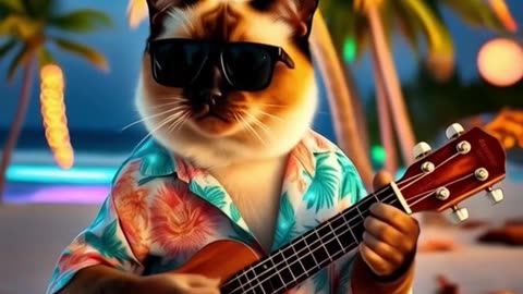 🐱🎸 Cool Cat Jamming on the Beach! 🌊😎 | Funny Ukulele Vibes #Shorts