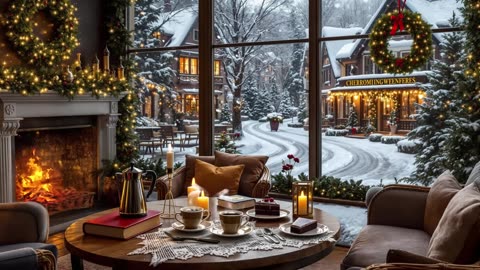 Cozy Christmas Coffee Shop Ambience ❄️🎄Smooth Relaxing Jazz Music with Crackling Fireplace