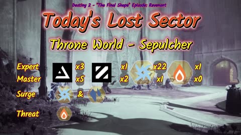 Destiny 2: 1-5-25 Sepulcher is the Lost Sector. Arc/Stasis Surge.
