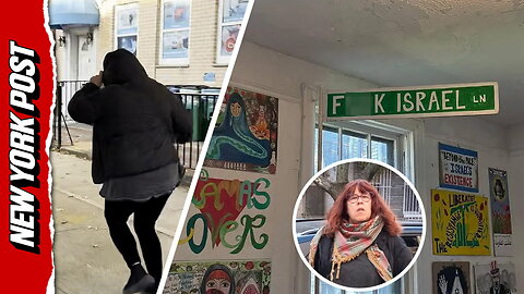 Installation "artist" Rebecca Goyette fleeing NYP reporter in Brooklyn