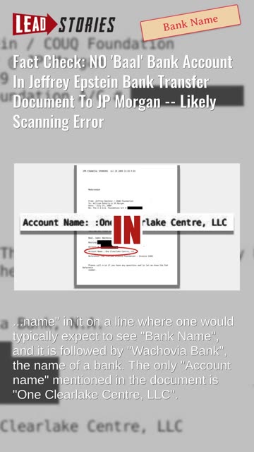Fact Check: NO 'Baal' Bank Account In Jeffrey Epstein Bank Transfer Document To JP Morgan