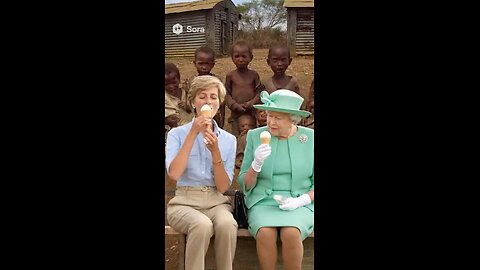 Queen Elizabeth and Princess Diana eating ice cream in front of starving African children