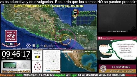 SISMO Magnitud 4.8 Loc 45 km al SUR de SALINA CRUZ, OAX 01/03/25 21:45:42 #noameritoalerta