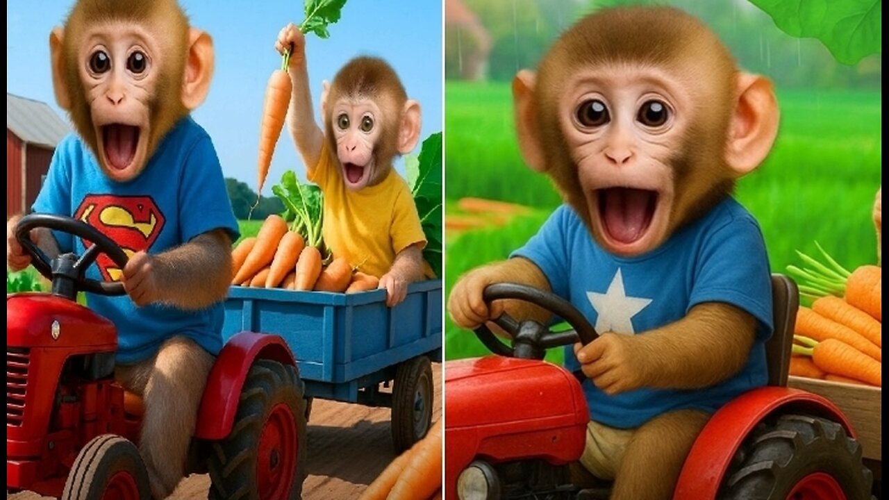 The little monkey challenges himself to drive a farm vehicle to transport vegetables Can he succeed