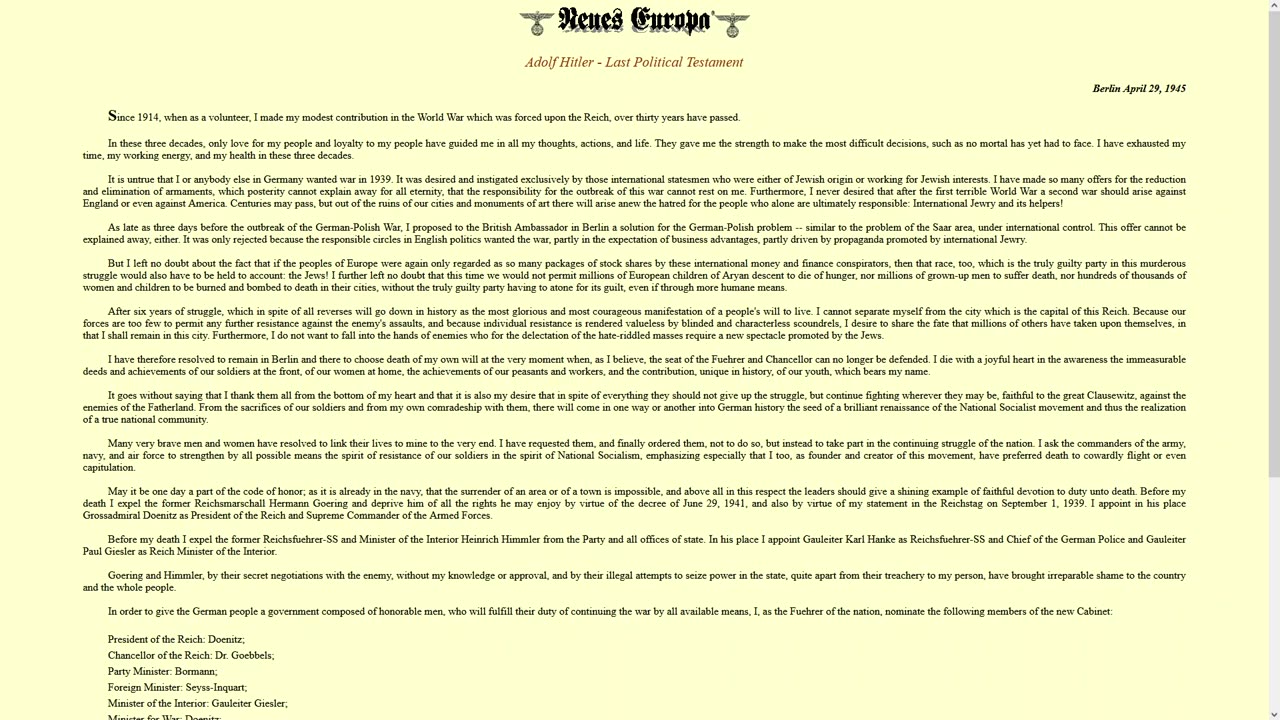 Adolf Hitler 4/29/1945 Last Political Testament 1 of 2 ENG