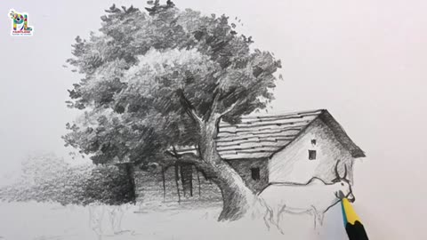 How to draw Tree and Tiled House in Nature Scenery Art