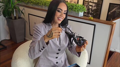 Rose Tries Black Strappy 6 Inch High Heel Single Sole Shoes With Office Suit And Black Stockings