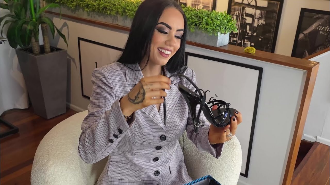 Rose Tries Black Strappy 6 Inch High Heel Single Sole Shoes With Office Suit And Black Stockings