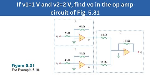 Example 5.10 | If v1=1 V & v2=2 V, find vo in the op amp circuit of Fig. 5.31 | FEC 4th Edition