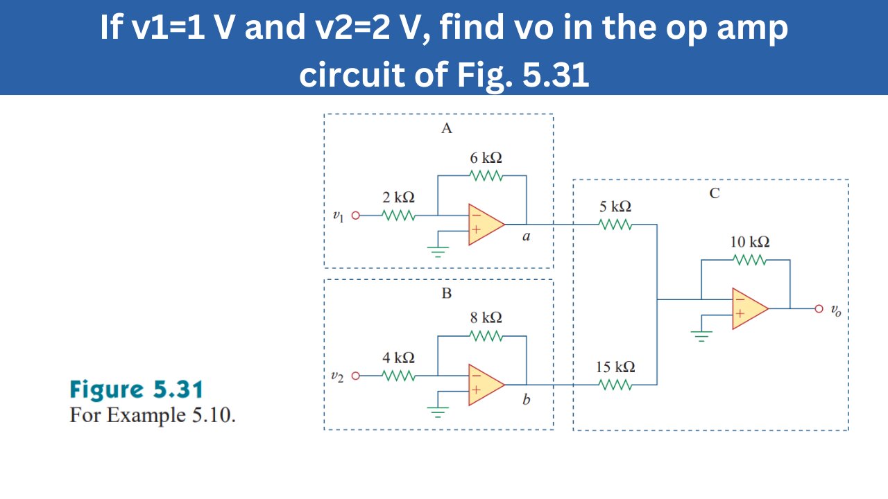 Example 5.10 | If v1=1 V & v2=2 V, find vo in the op amp circuit of Fig. 5.31 | FEC 4th Edition