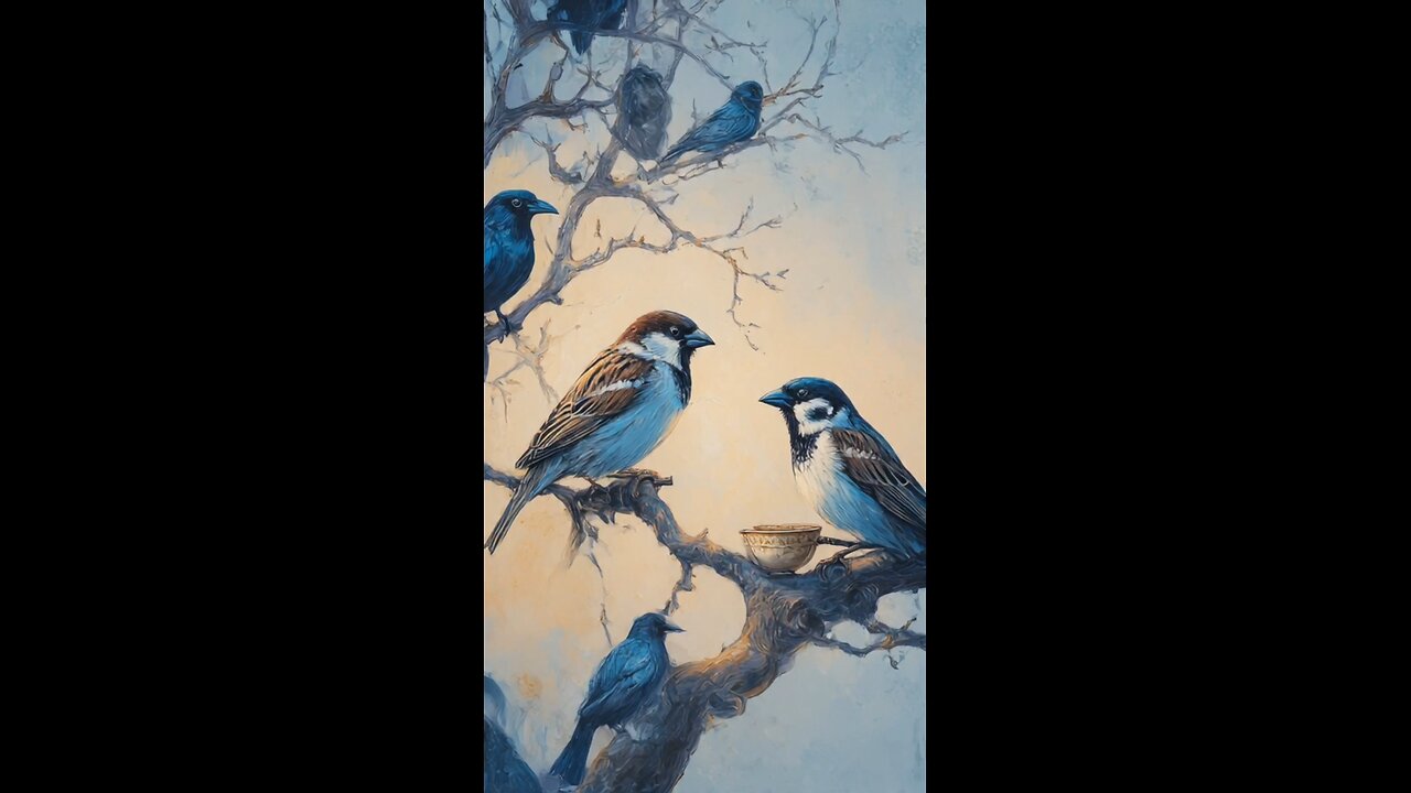 enjoy two sparrows sitting on the tree with sunrise and having noodles with blue birds .
