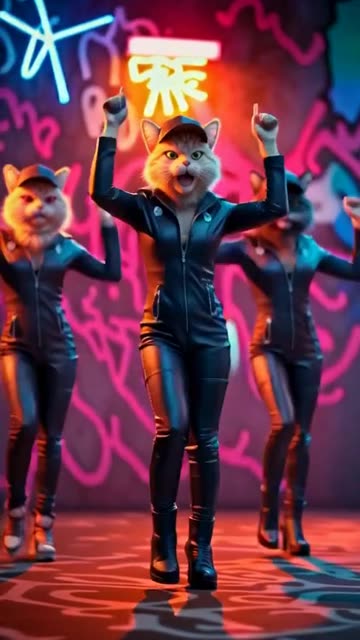 A group of Cat women group dancing to street music wearing fully fitted leather