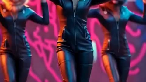 A group of Cat women group dancing to street music wearing fully fitted leather