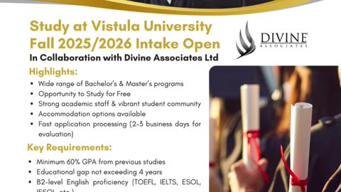 Fall 2025/2026 Admissions Open at Vistula University – Study for Free with Divine Associates Ltd