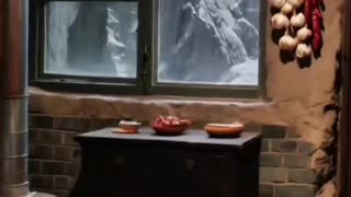 cave style resort kitchen, snowfall.