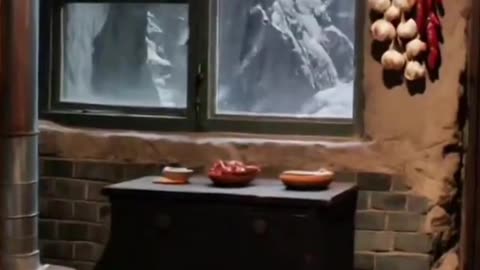 cave style resort kitchen, snowfall.