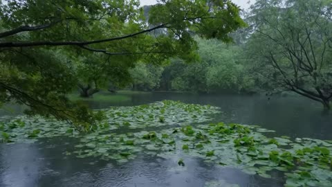 The beautiful little lake is raining