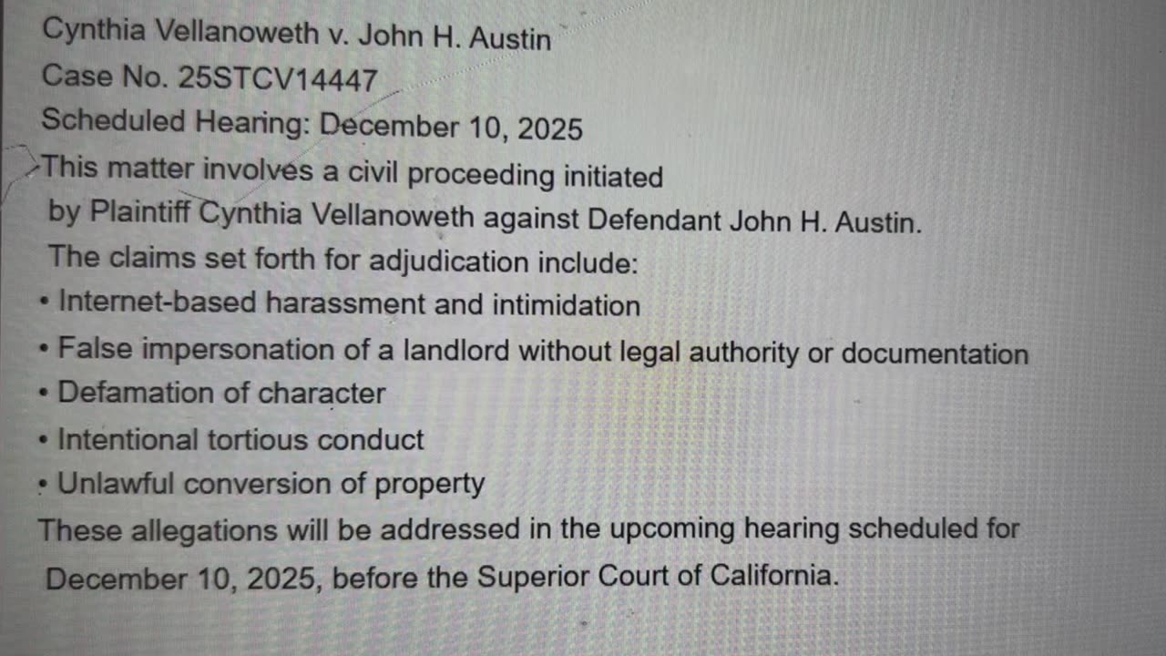 Cynthia Vellanoweth v. John H. Austin Allegations: Internet Defamation, Fraud
