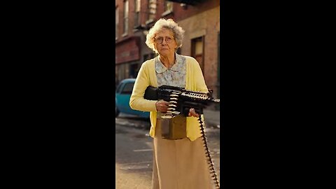 Old lady with machine gun shooting people and laughing hysterically