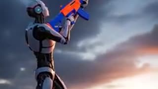 An AI robot with a Ak-47 Nerf gun Shooting At UFO in the sky